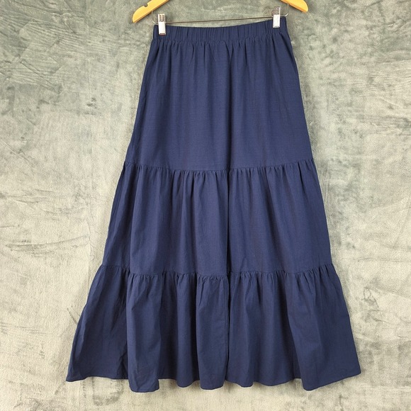 Dresses & Skirts - Womens Skirt Medium Blue Tiered Broomstick Boho Prairie Peasant Maxi Pockets